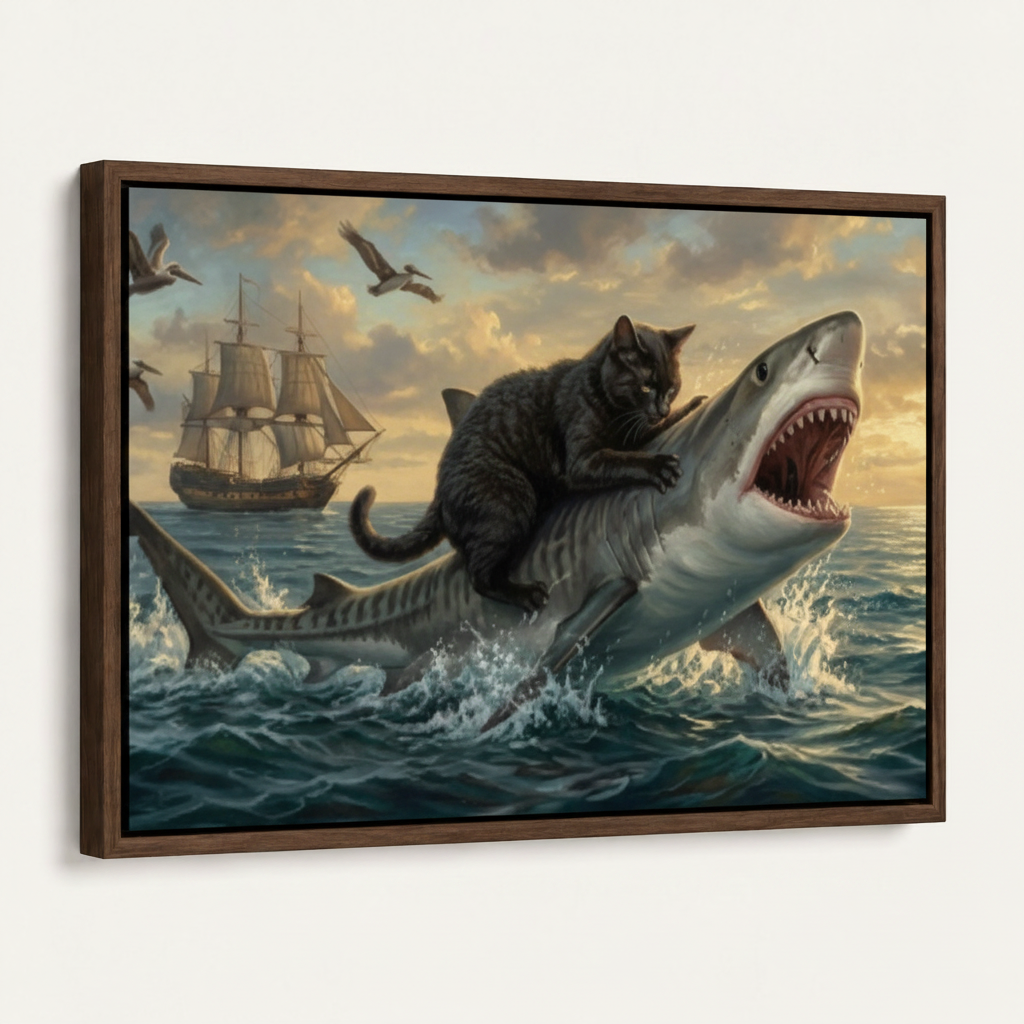 Framed black cat shark fantasy canvas print dark walnut float frame angled 3/4 product view stormy ocean scene