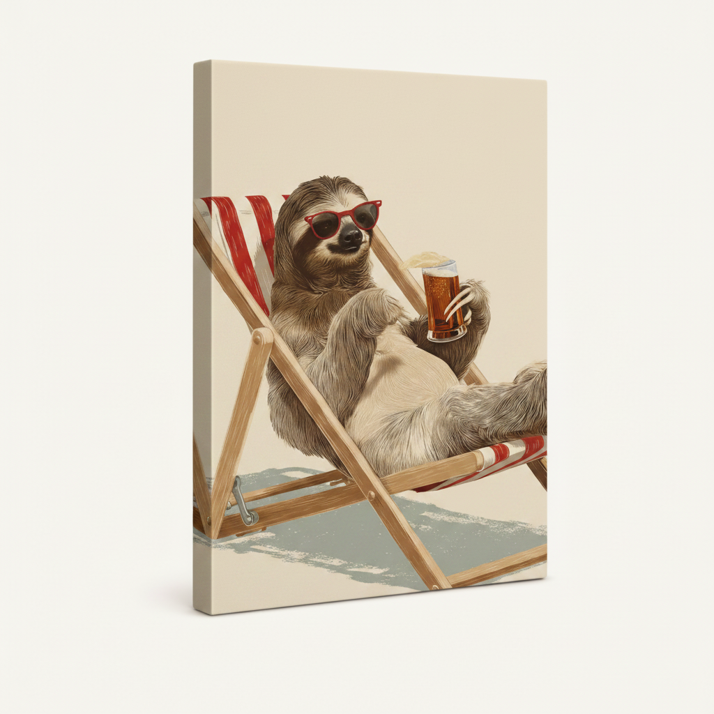  Side view of relaxed sloth beach chair canvas print showing gallery-wrapped edge