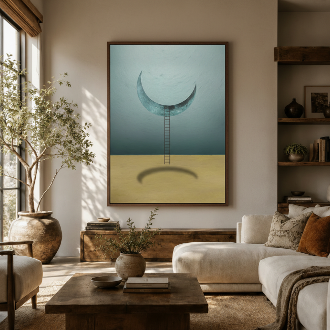 Minimalist surrealist moon painting styled in warm boho living room above rustic sideboard