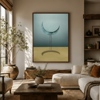 Minimalist surrealist moon painting styled in warm boho living room above rustic sideboard