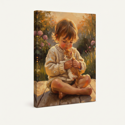 Gallery-wrapped child and kitten canvas showing golden garden scene with pink roses, 3/4 angle view