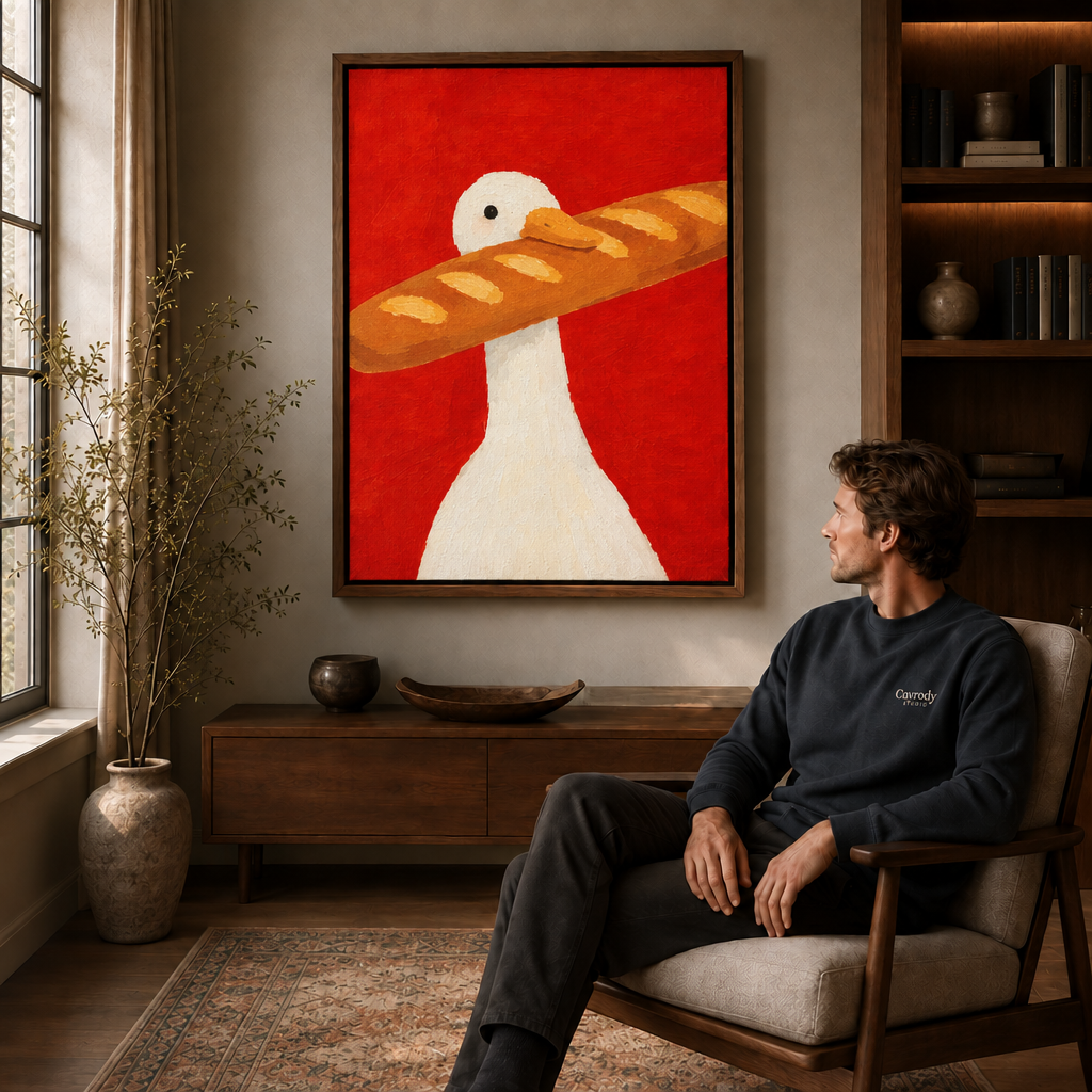 Playful duck canvas wall art above a wood console in a refined reading corner