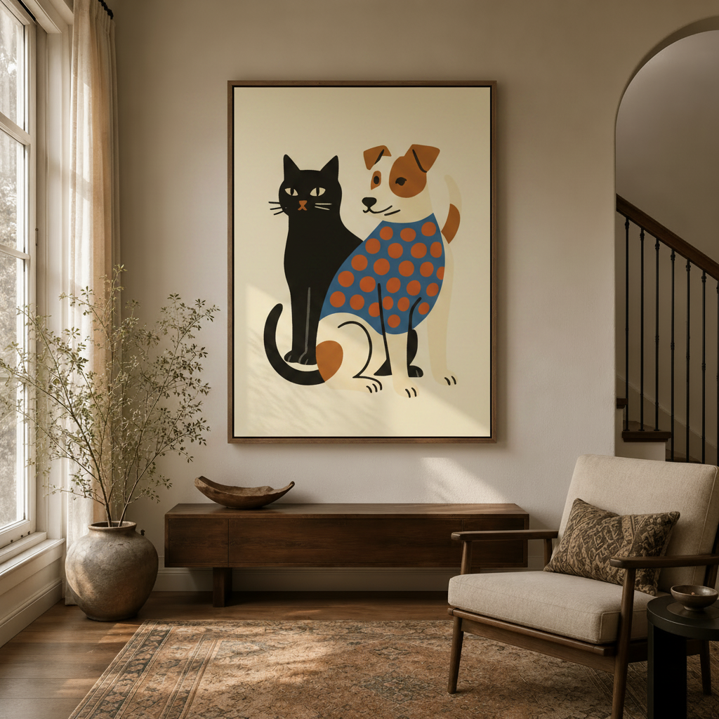 Black cat and polka-dot dog wall art hanging in modern entryway with walnut console and dried botanicals