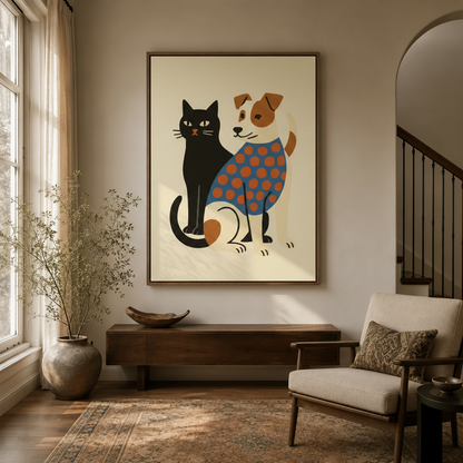 Black cat and polka-dot dog wall art hanging in modern entryway with walnut console and dried botanicals
