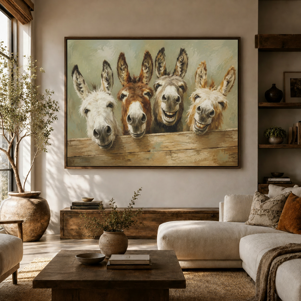 Humorous donkey framed canvas print hanging above a console in a bright farmhouse living room