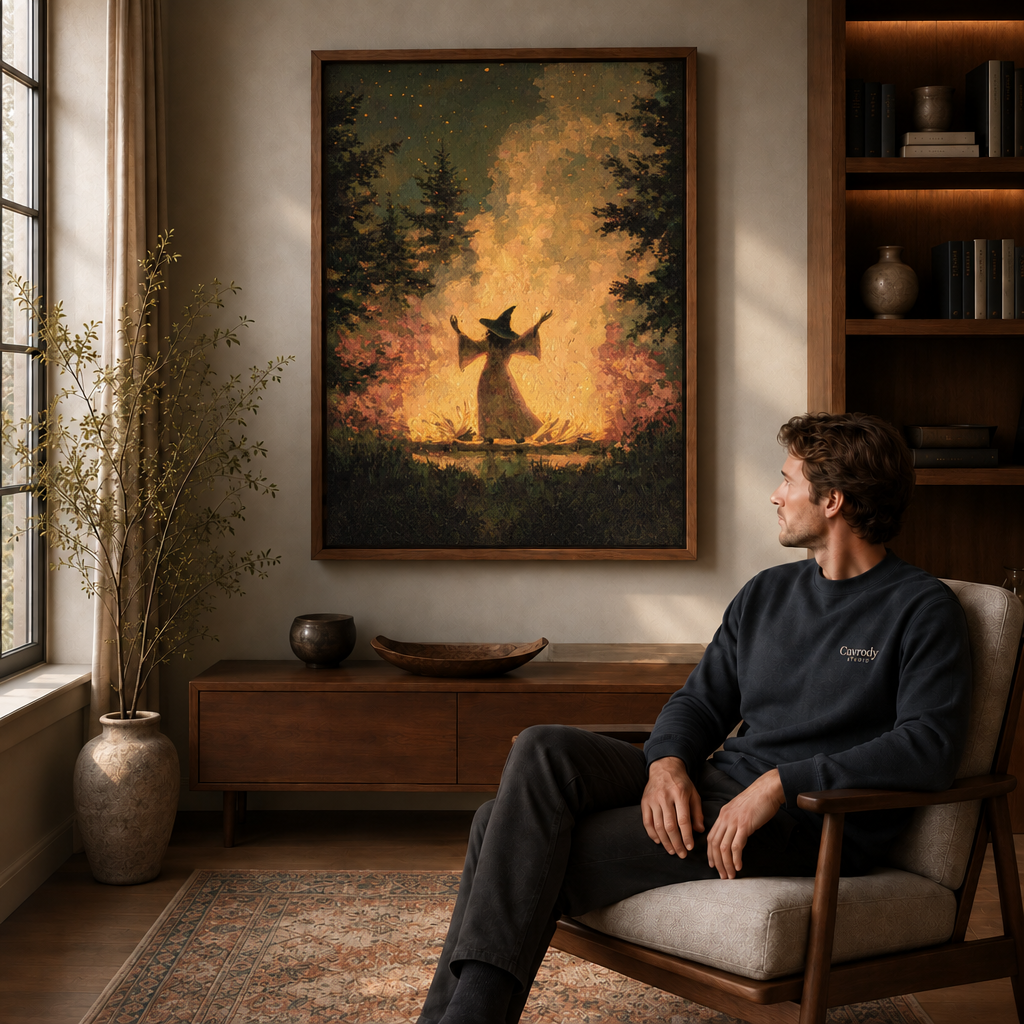 Canvas artwork showing a dark figure in a pointed hat surrounded by warm golden forest light