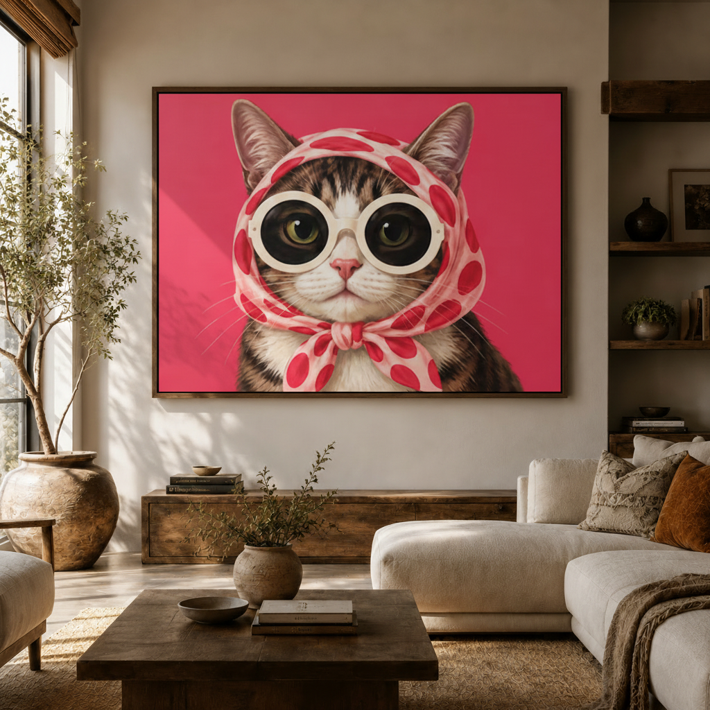 Bold magenta cat portrait canvas print in a walnut frame displayed above a sideboard in a neutral living room