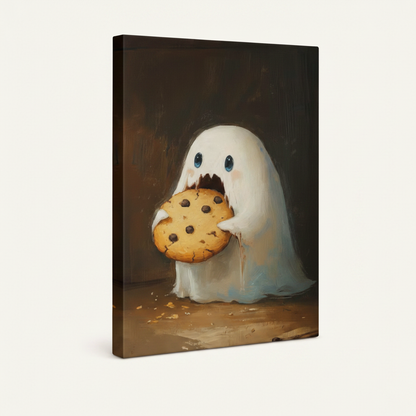 Side view of ghost biting cookie canvas print showing wrapped edge detail