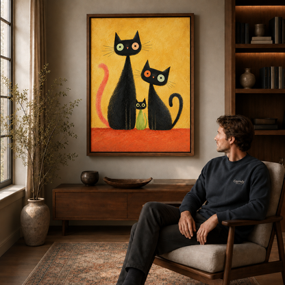 Framed black cat canvas wall art above a wooden console, with a seated man in the room.