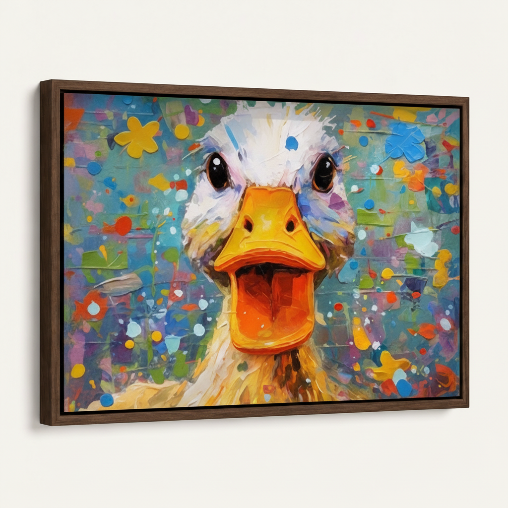 Framed crazy duck open beak colorful splatter impasto canvas print dark walnut float frame 3/4 angle view