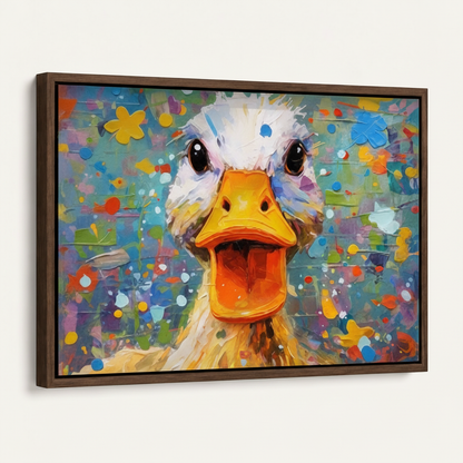 Framed crazy duck open beak colorful splatter impasto canvas print dark walnut float frame 3/4 angle view