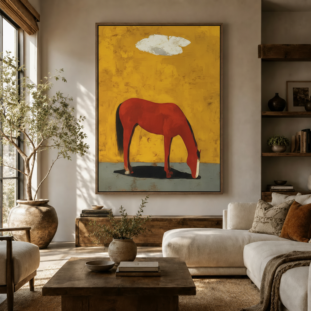 Minimalist red horse painting framed on living room wall beside white sofa and olive tree