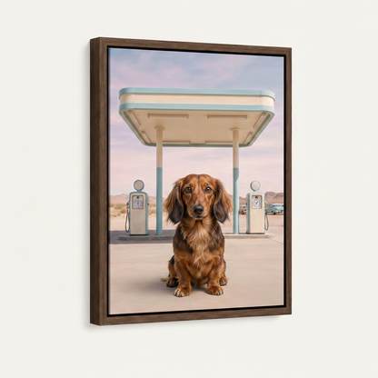 Dachshund vintage desert gas station portrait canvas in dark walnut wide float frame, portrait 3/4 left angle