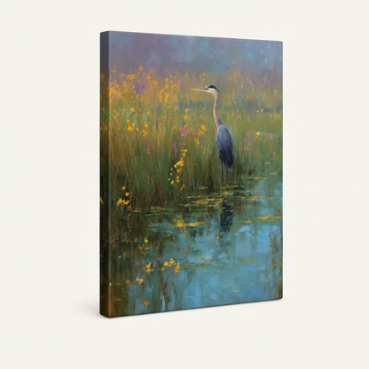 Gallery-wrapped heron marsh canvas with deep green reed wrap sides on cream background