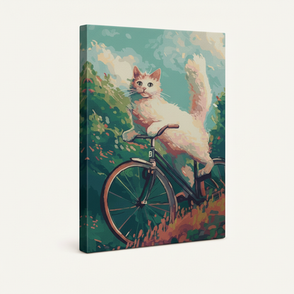 Gallery-wrapped cat on bicycle canvas showing fluffy white cat, mint green garden and pink wildflowers, 3/4 view