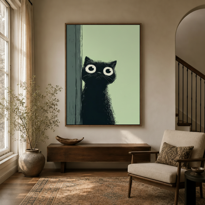 Whimsical black cat canvas print in dark walnut float frame in modern entryway hallway