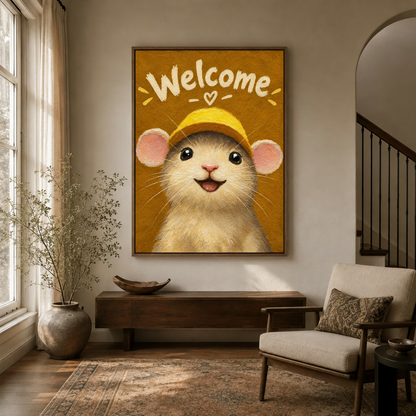 Charming mouse with yellow cap welcome canvas art in walnut float frame above entryway console