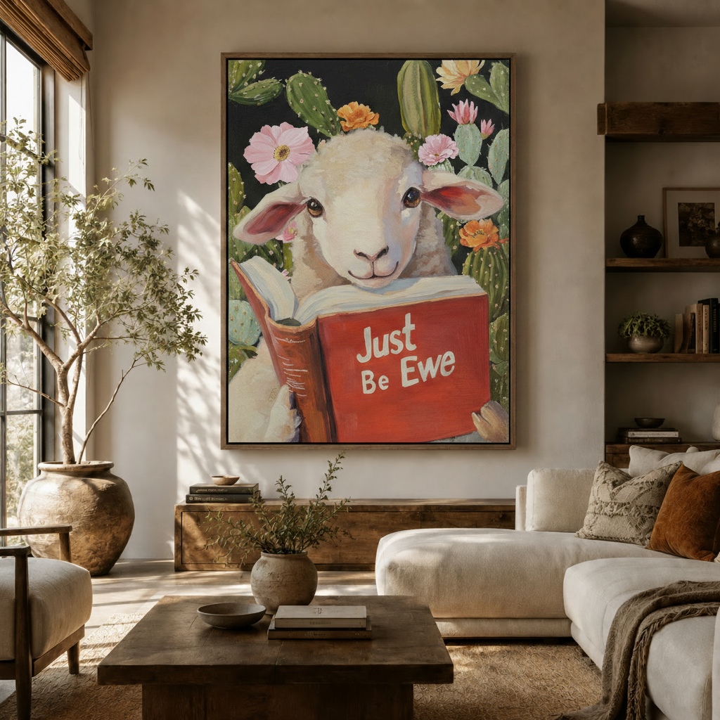 Just Be Ewe lamb oil painting framed canvas in modern living room above sideboard