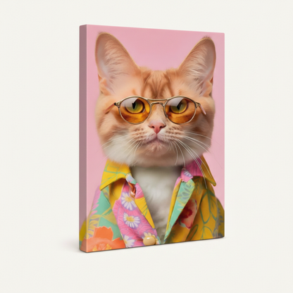 Gallery-wrapped canvas print of tabby cat in Hawaiian shirt shown at angle on white background
