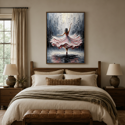Textured expressionist dancer canvas art styled above a wooden bed in a cozy earthy bedroom