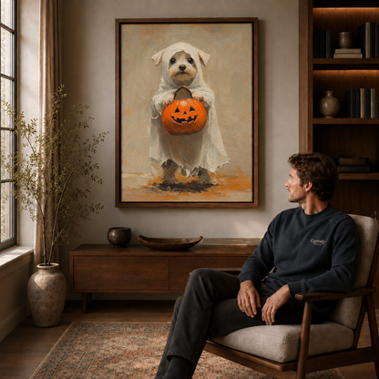 Walnut-framed ghost dog and pumpkin artwork displayed above a cabinet beside a seated man.