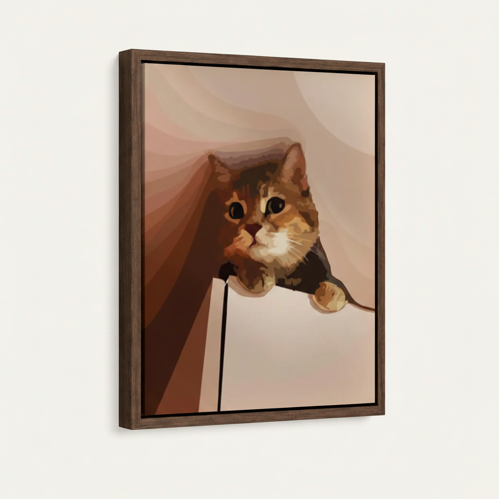 Curious ginger tabby cat peeking from paper bag canvas in dark walnut float frame, 3/4 angle on white background