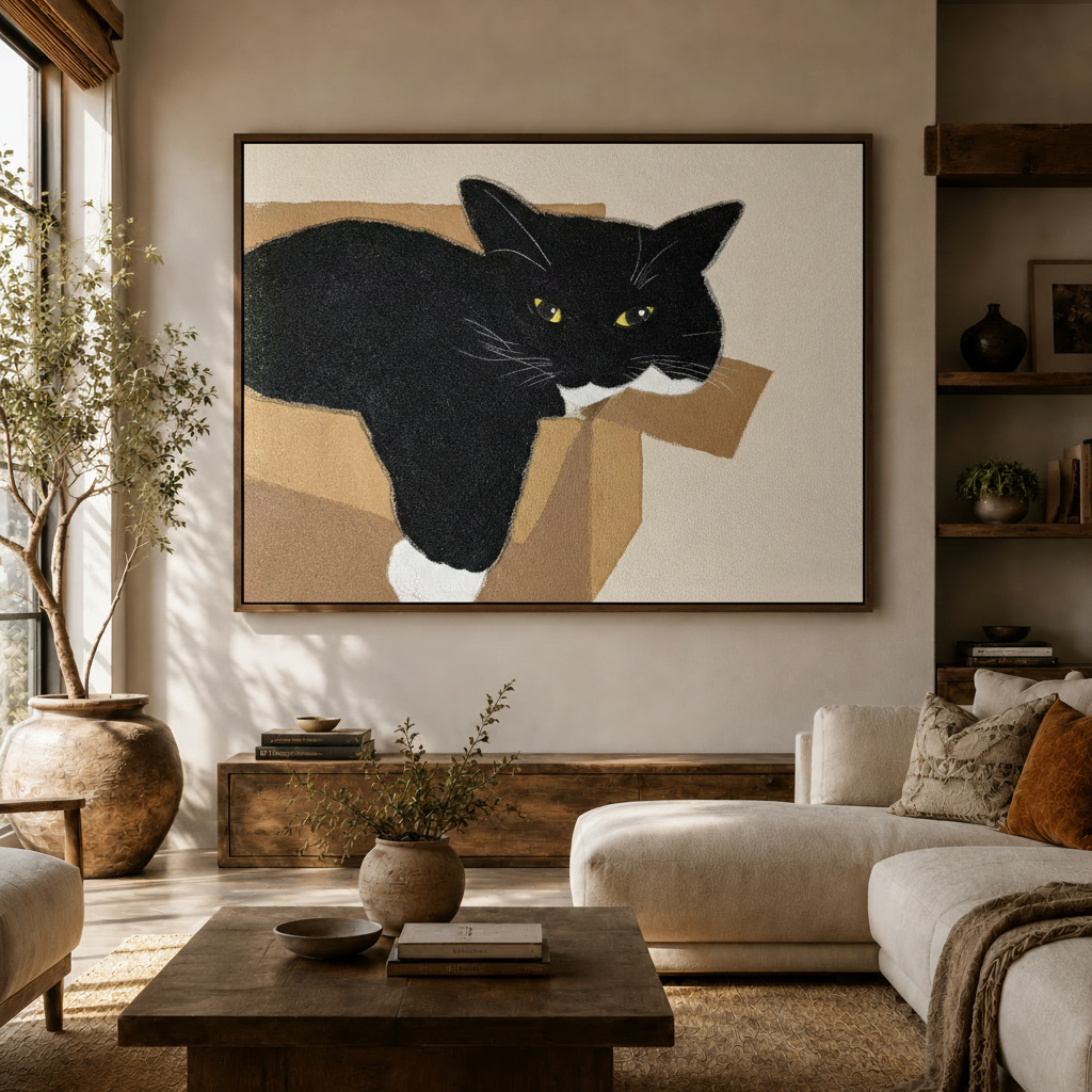 Minimalist tuxedo cat painting canvas hung above sideboard in bright modern living room