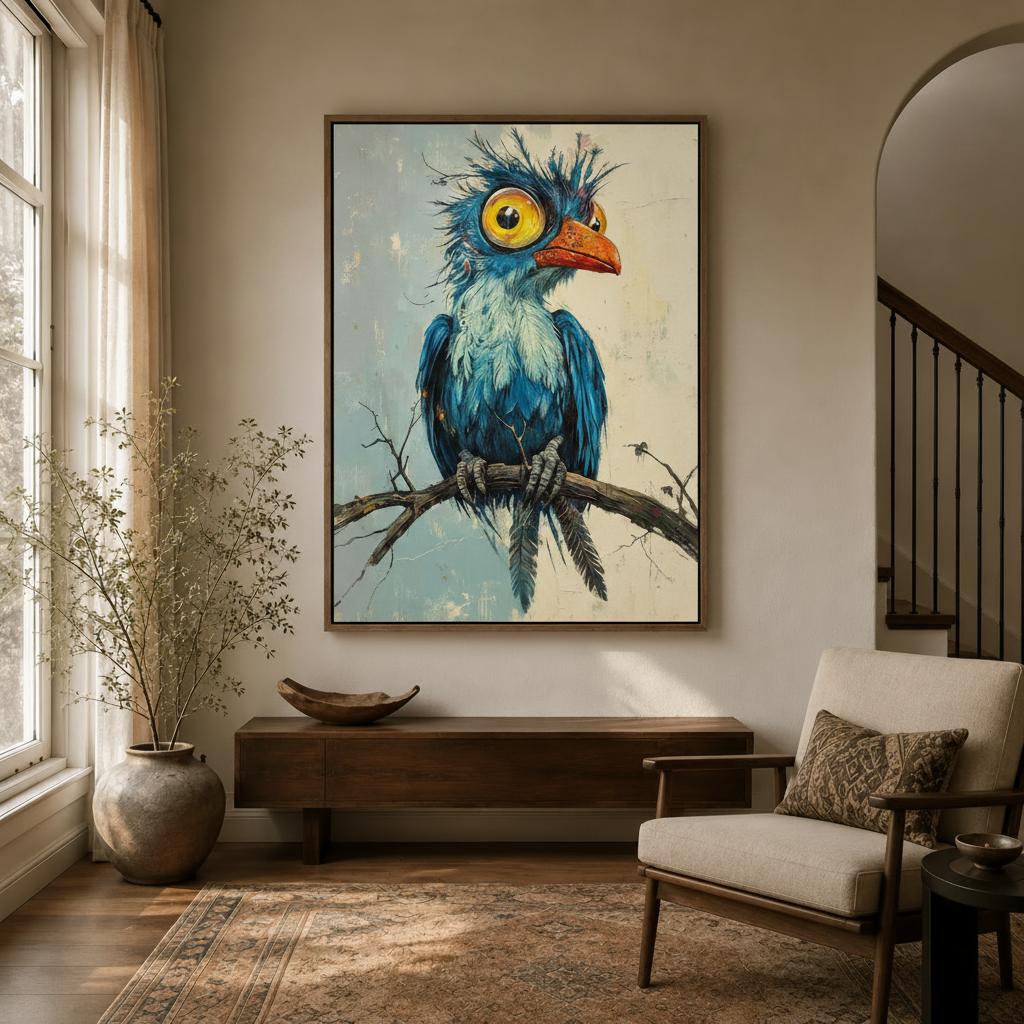 Whimsical expressive bird painting in walnut float frame styled in a warm neutral entryway with arched doorway