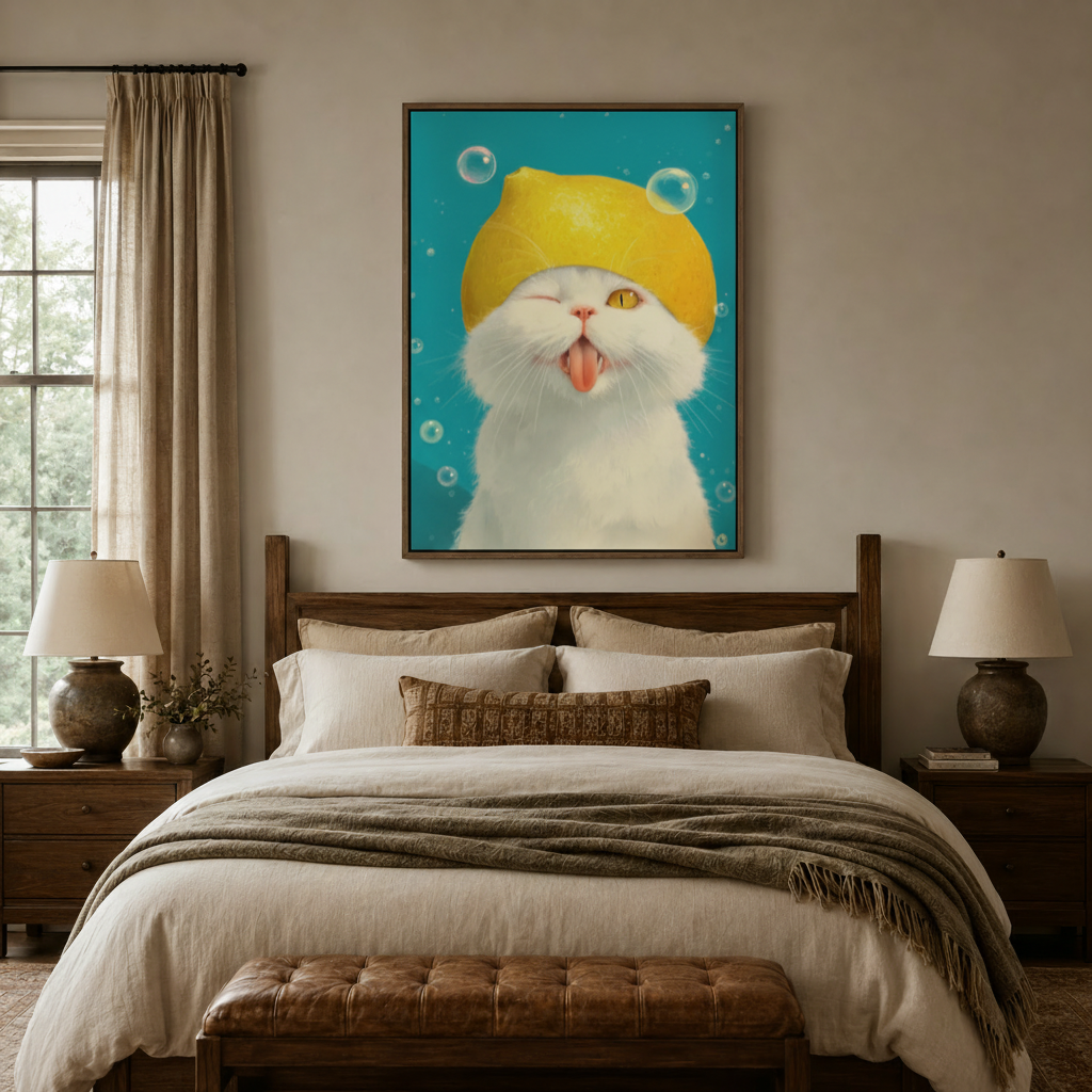 Fluffy white cat lemon hat tongue out kawaii canvas in dark walnut float frame above linen headboard in warm neutral bedroom