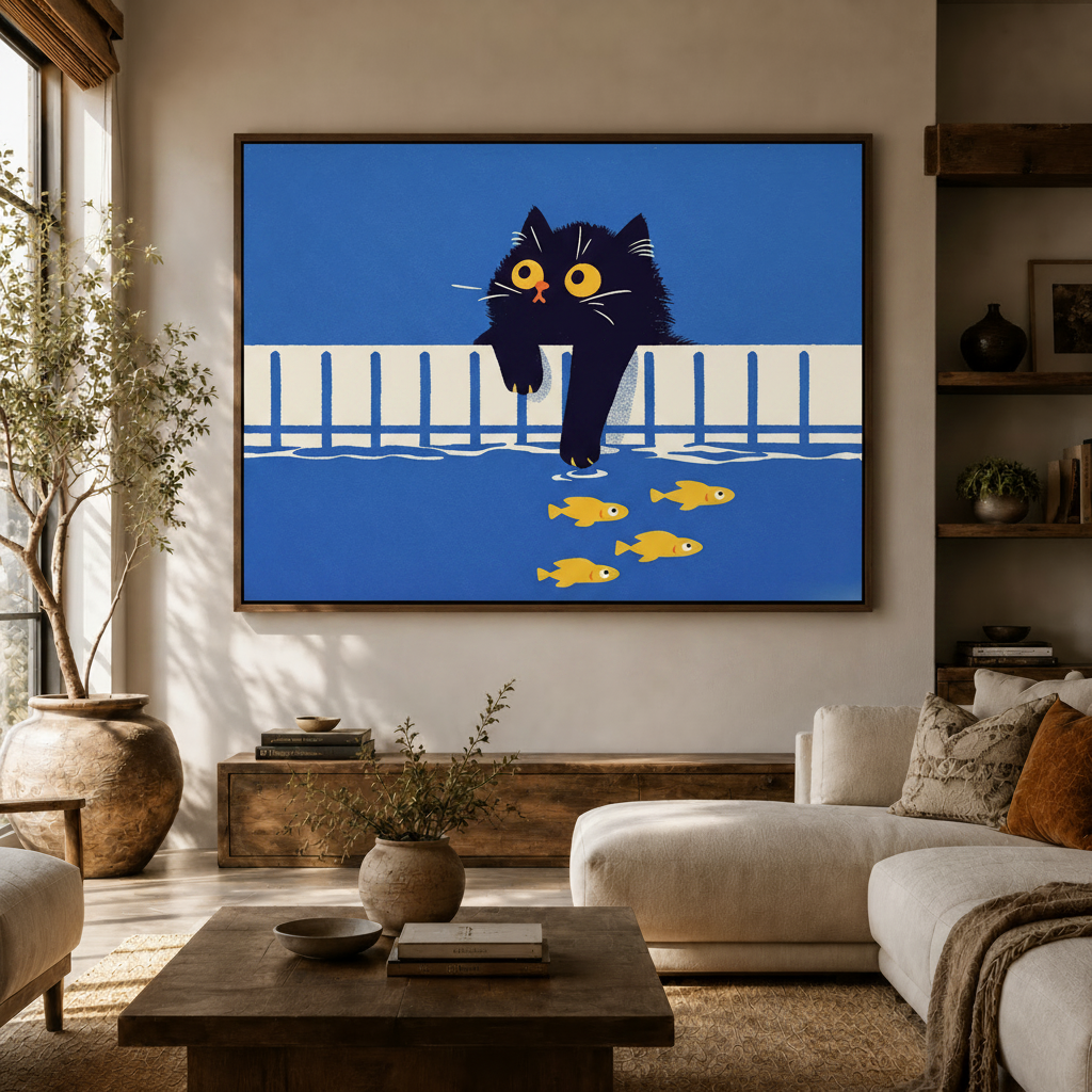 Bold blue cat and goldfish canvas wall art hung above a white sofa in a bright modern living room