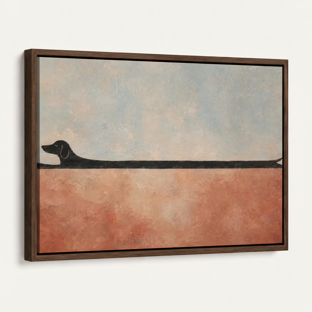 Minimalist dachshund silhouette canvas in wide dark espresso float frame 3/4 angle product mockup