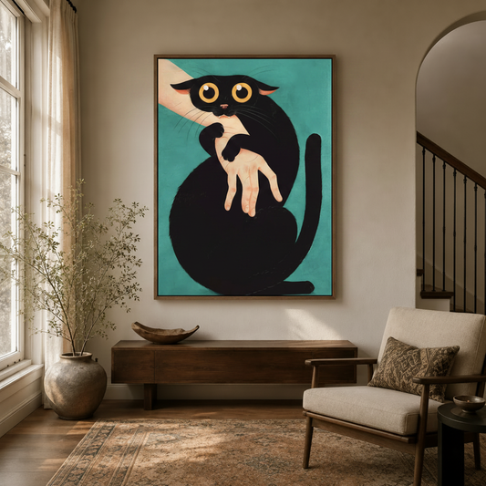 Bold teal black cat illustration wall art hanging in a cozy entryway with arched doorway