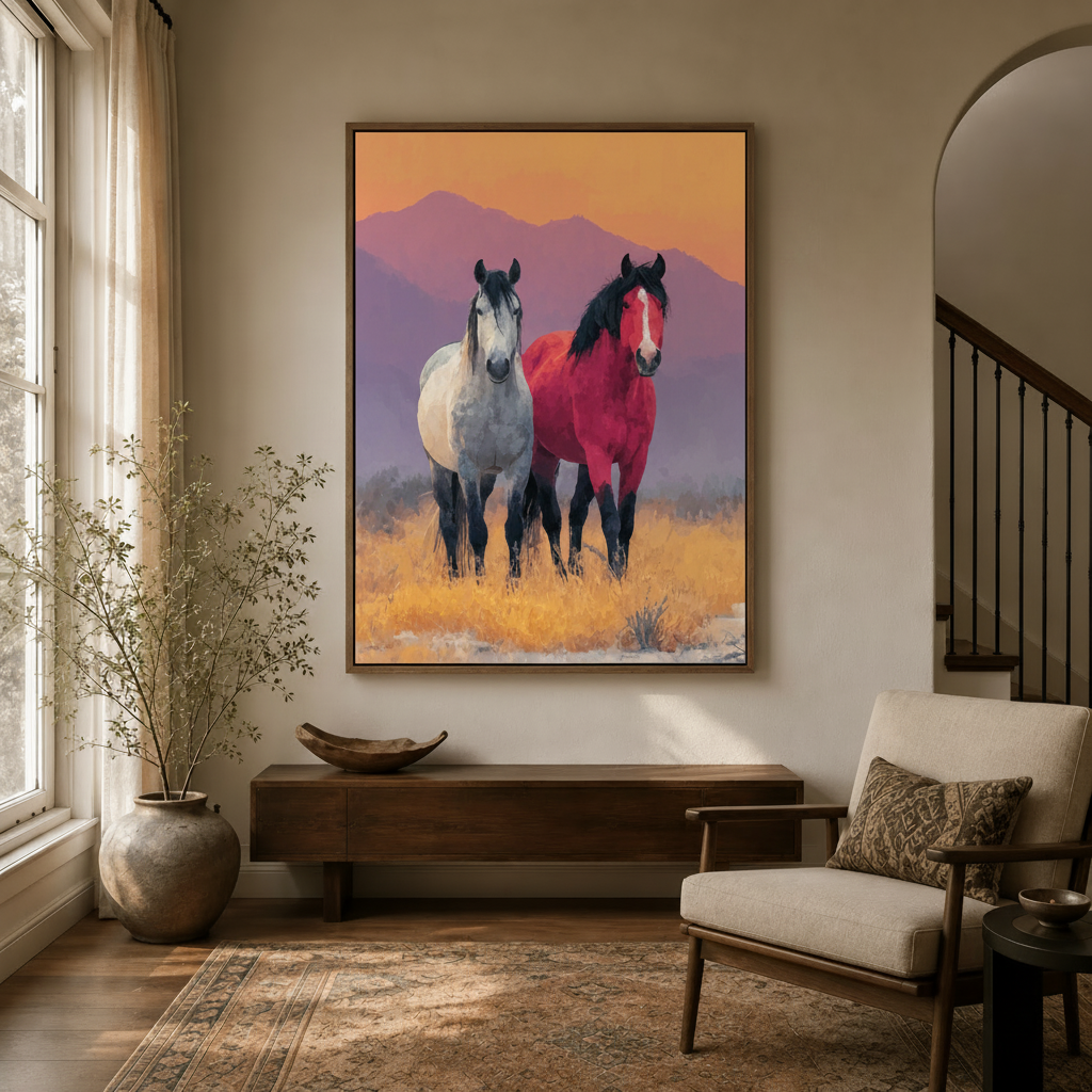 Bold western wild horses canvas art in natural wood float frame hanging in hallway entryway