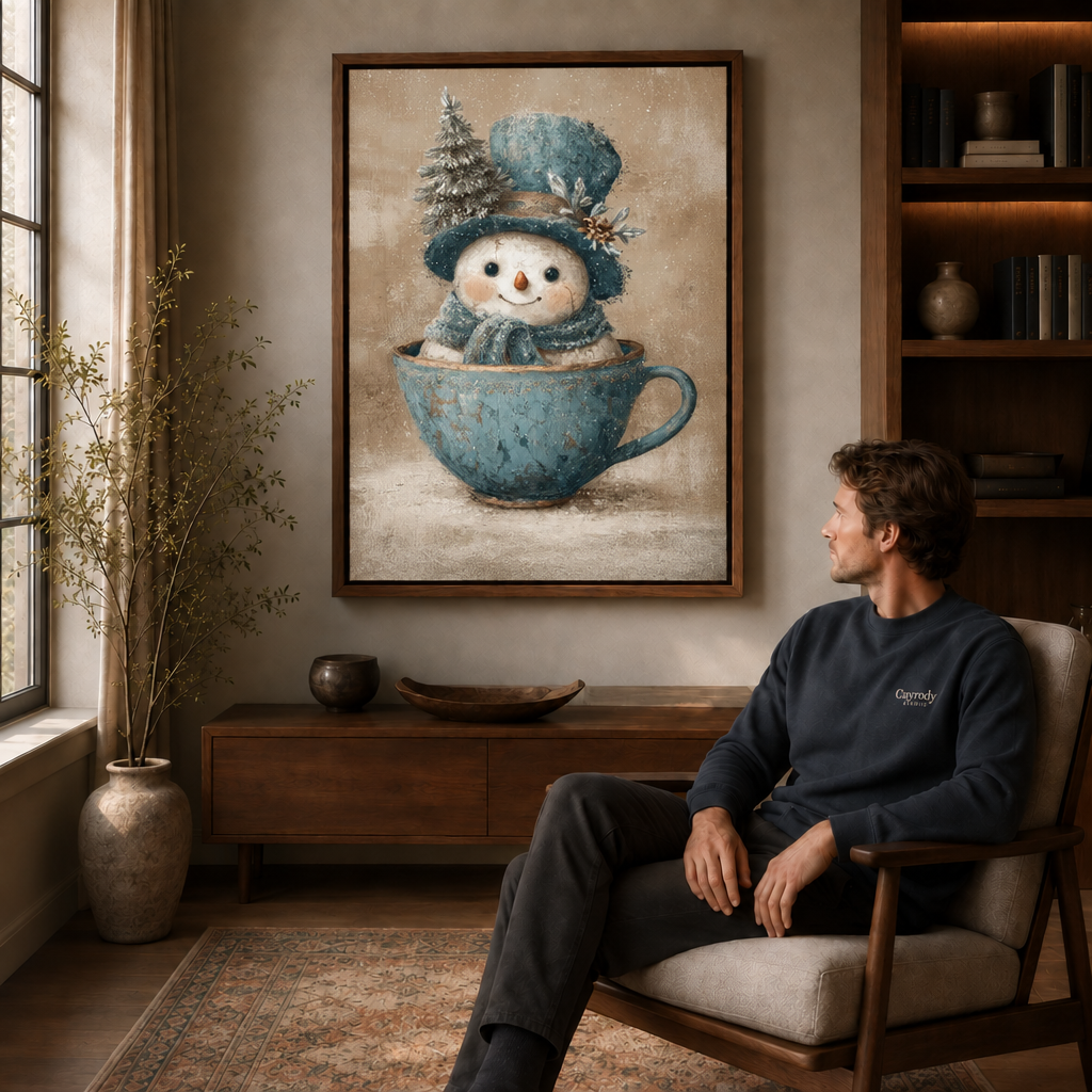 Smiling snowman in a blue teacup displayed above a seated man in a warm living room.