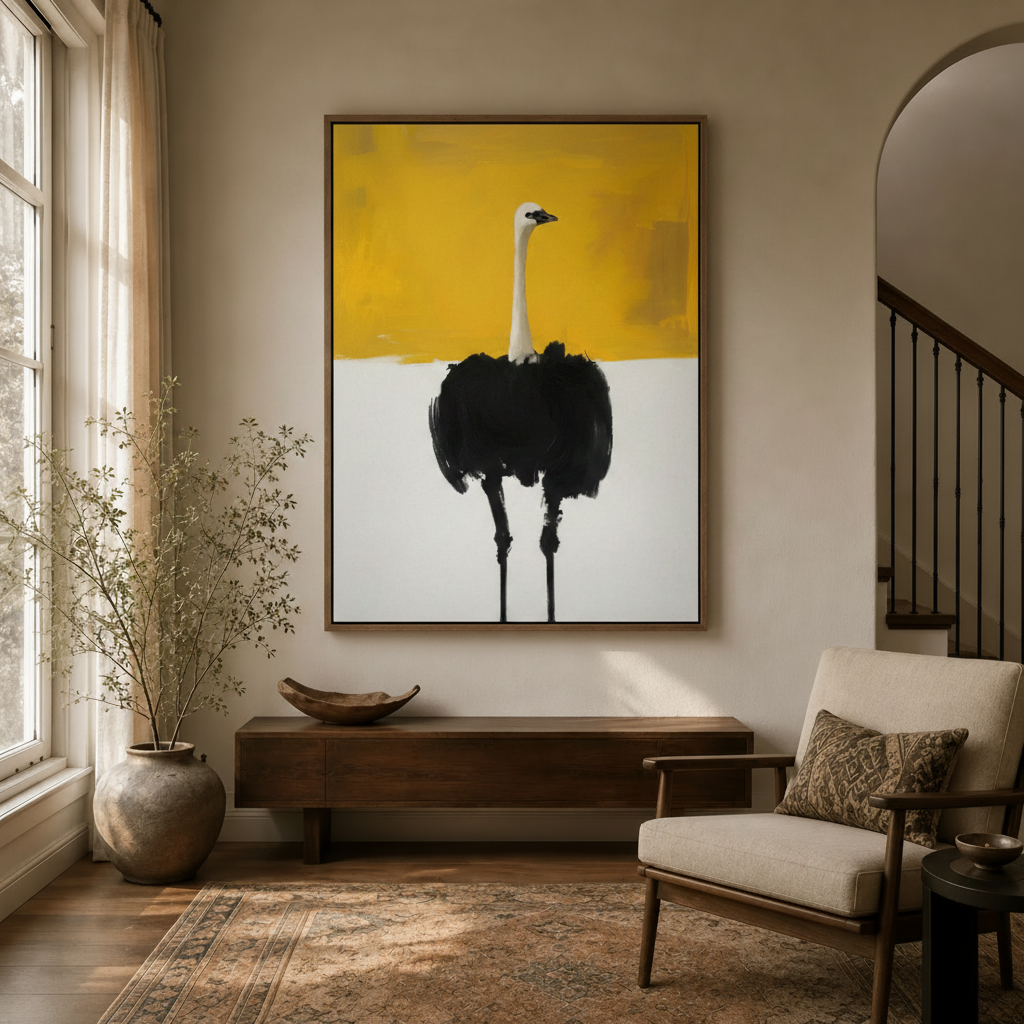 Bold ostrich canvas print in golden yellow and white in modern entryway hallway with arched doorway