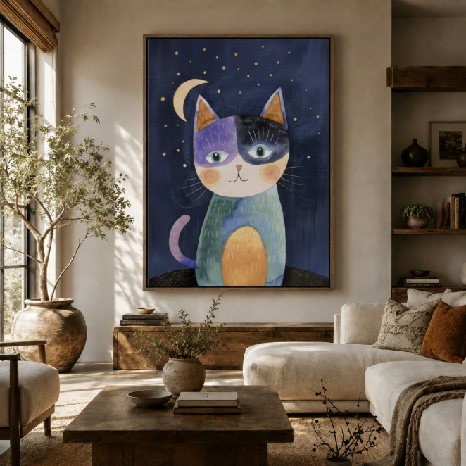 Night sky cat illustration canvas in living room with olive tree and cream sofa