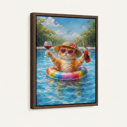 Colorful cat drinking wine in pool illustrated canvas in dark walnut float frame, 3/4 angle