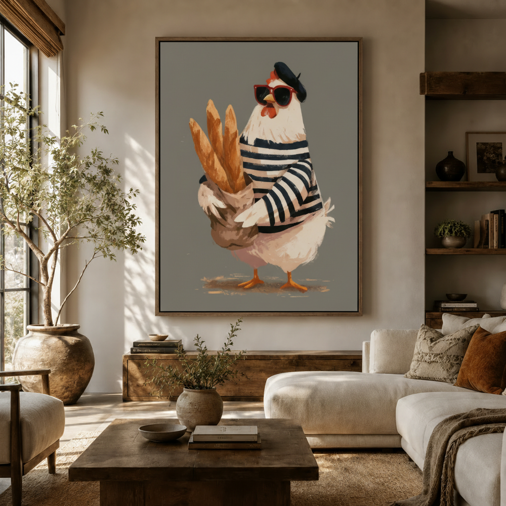 Funny French chicken baguette canvas wall art hanging in warm modern living room with olive tree and sofa