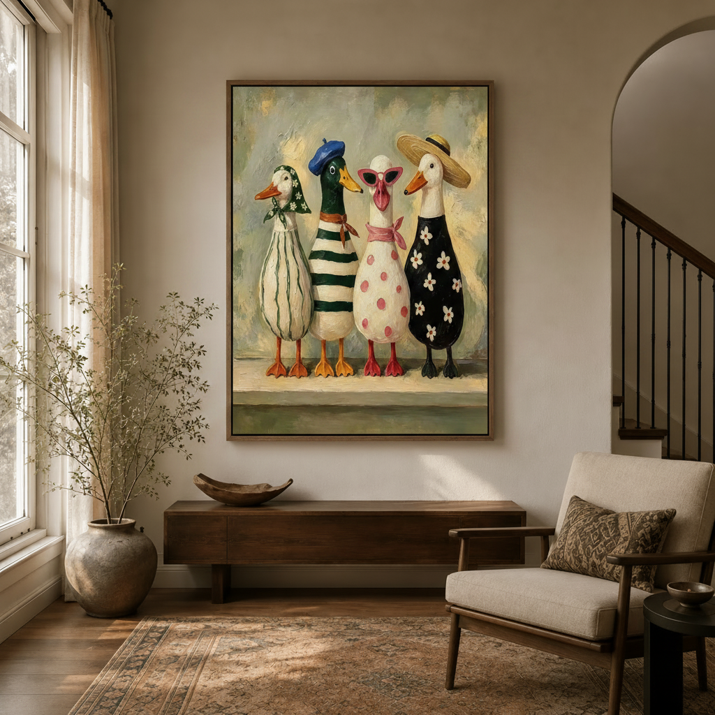 Four stylish dressed ducks impasto oil canvas print hung in a modern entryway with arched doorway and staircase