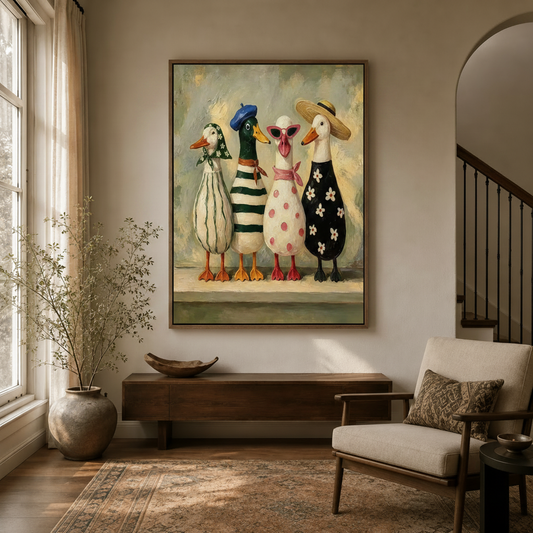 Four stylish dressed ducks impasto oil canvas print hung in a modern entryway with arched doorway and staircase