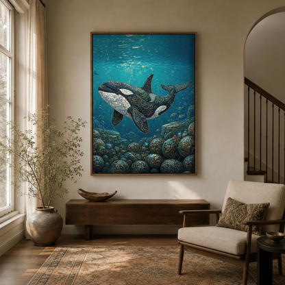 Bold ocean wildlife canvas print hanging in an elegant hallway with arched doorway and dried branch decor