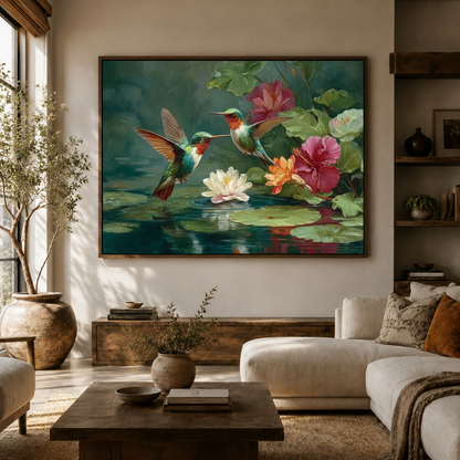Vibrant hummingbird canvas art above sofa, tropical floral painting in modern living room