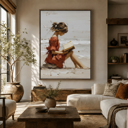 Impasto coastal girl wall art hanging above sofa in a boho-style living room