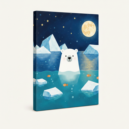 Side angle view of dreamy polar bear arctic night canvas print showing gallery-wrapped edge