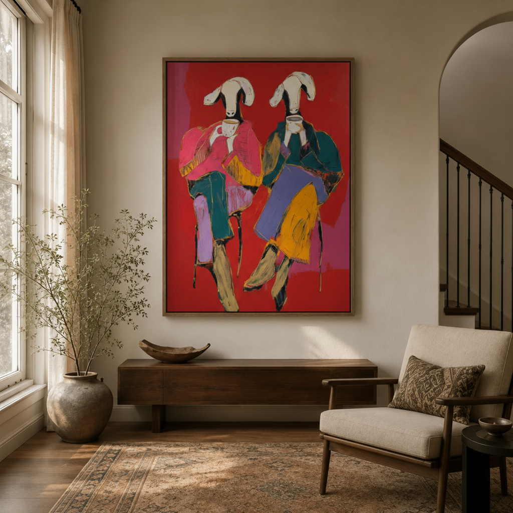 Bold figurative canvas wall art hanging in bright entryway with arched doorway
