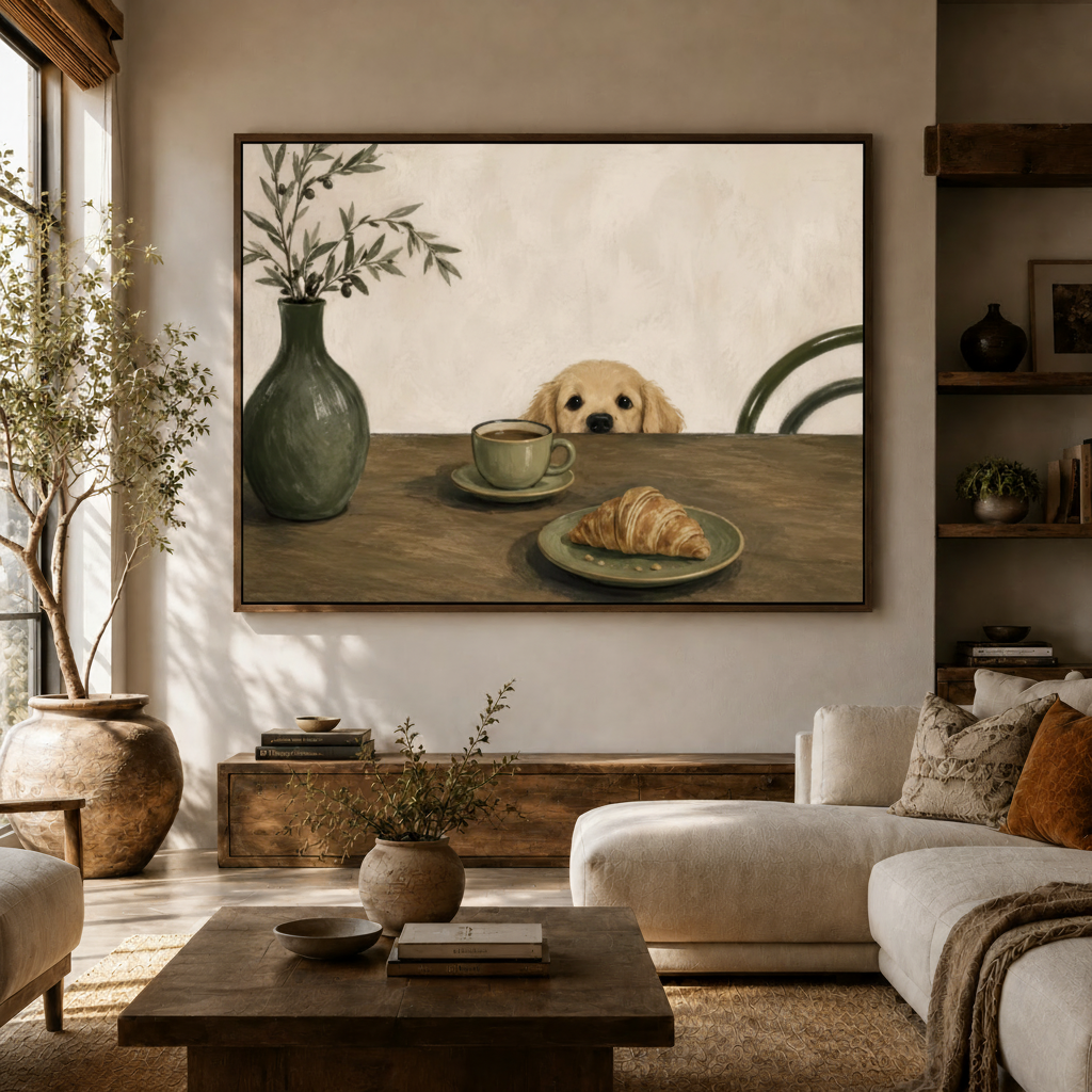Curious golden retriever breakfast scene canvas in float frame above sideboard in organic modern living room
