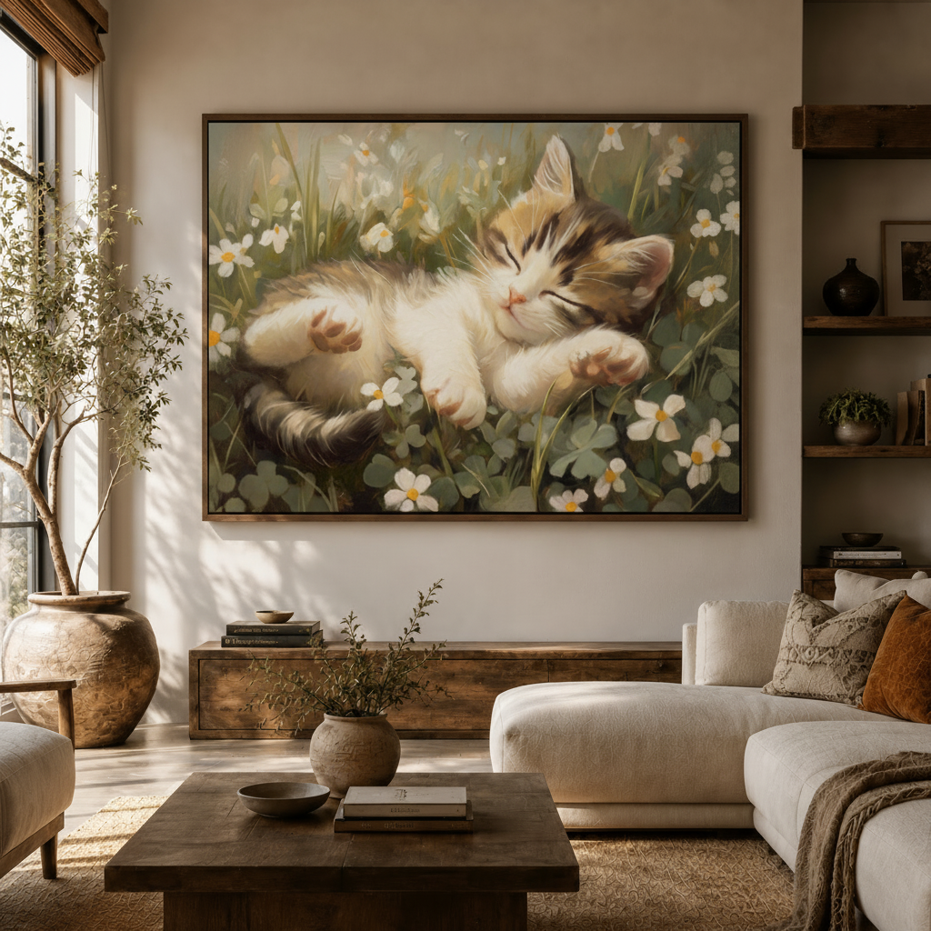 Sleeping kitten floral canvas wall art above a cream sofa in a cozy living room.
