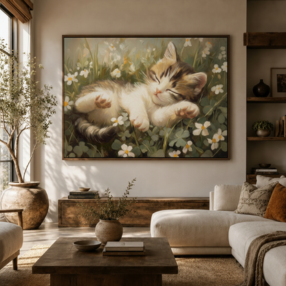 Sleeping kitten floral canvas wall art above a cream sofa in a cozy living room.
