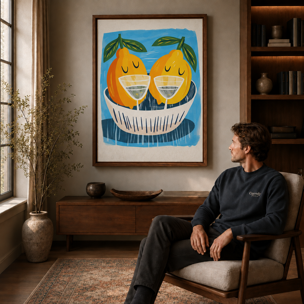 Whimsical pear cocktail wall art displayed above a wood cabinet beside a seated man.