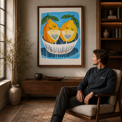 Whimsical pear cocktail wall art displayed above a wood cabinet beside a seated man.